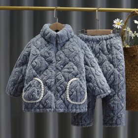 Winter children's zippered cute pajama set with thick plush home clothing