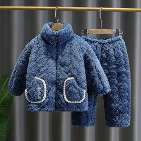 Winter children's zippered cute pajama set with thick plush home clothing